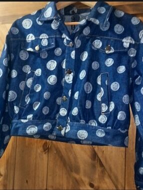 Camillia Dark Denim Button up Jacket with Smiley Face Prints size S NWOT